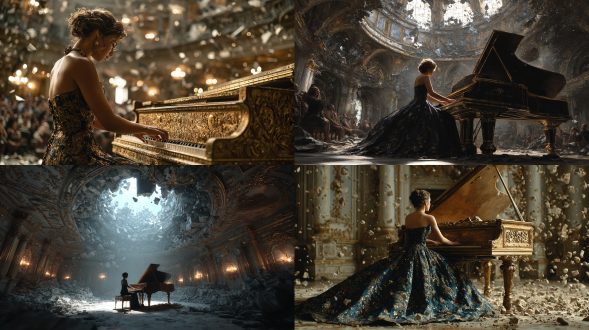 一位穿着优雅无肩带长裙的美丽亚洲女性，在巴洛克风格的大厅里弹奏着一架金色三角钢琴。天花板摇摇欲坠，碎片和灰尘四处飞扬，与优雅的钢琴家和正在坍塌的华丽建筑形成了戏剧性的对比。超现实主义、电影般的灯光，细节高度精致