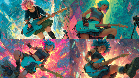 一个朋克风格的动漫女孩，拥有蓝粉色渐变头发，身着黑色皮革露脐上衣、褶皱迷你裙、黑色高筒袜和厚底靴，正弹着一把亮蓝色的电吉他。她周围环绕着发光的音符、声波、带有云台的专业相机、科幻子弹/机械部件。背景是从高空俯瞰的庞大现代城市景观，中心闪耀着五彩斑斓的霓虹灯（蓝色、紫色、粉色）。赛博朋克、动漫、超现实主义、电影级灯光，细节丰富，充满活力和艺术氛围。