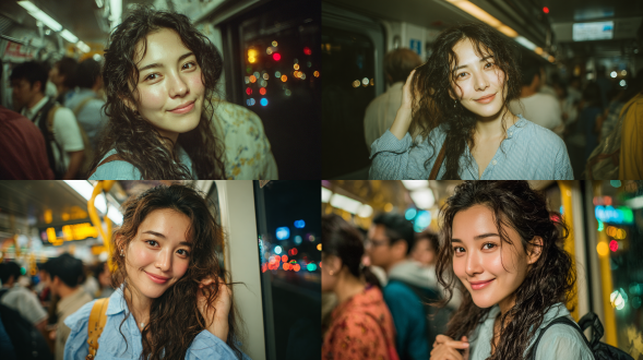 在拥挤的地铁车厢内，一位东亚风格的年轻女性，拥有深色长卷发、明亮的眼睛，穿着浅蓝色衬衫和黑色下装，她正侧身看向镜头，用手轻捻一缕头发；背景是模糊的其他乘客与车窗外的城市夜景光斑，画面采用电影感的写实风格，光线柔和且富有氛围感，聚焦主体，营造出都市通勤中的清新文艺感