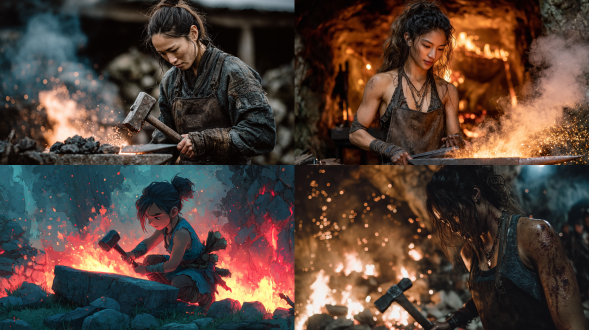 一个年轻的亚裔女性铁匠，黑色凌乱的发髻束在脑后，身着深色皮围裙，在铁砧上锻造着一把炽热的刀刃。背景是一个壮观的熔岩洞穴，流动的岩浆、飞溅的火花和浓密的烟雾交织在一起。她一手持着巨大的铁锤，另一手拿着金属钳，汗水让她的皮肤闪闪发光，双眼专注地盯着手中的活计。