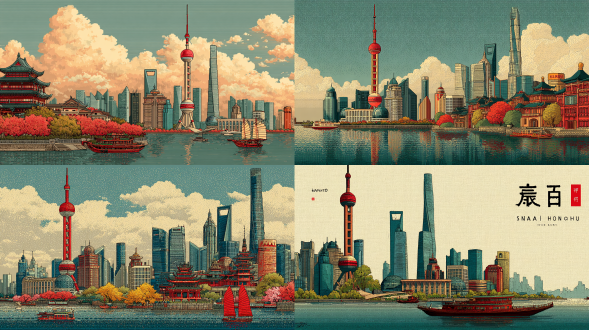 国上海地标建筑合集，采用动漫插画风格，画面包含外滩万国建筑群、东方明珠广播电视塔、上海中心大厦、外白渡桥、豫园，整体色调兼具摩登与复古质感，细节刻画精致，融合中西建筑美学，展现上海的城市风貌，画面构图富有韵律，层次分明。