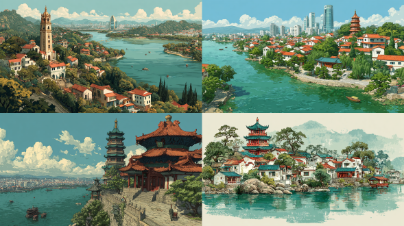 采用动漫插画风格，画面包含西湖、西湖雷峰塔、城隍阁、杭州奥体中心 、阿里巴巴总部，整体色调清新淡雅，融合江南水乡的灵秀与现代建筑的时尚，细节刻画细腻，展现杭州 的城市风貌，画面构图疏密有致，层次分明