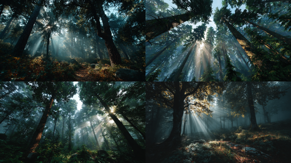 薄雾笼罩森林，光束穿透晨雾，丁达尔效应，广角16毫米镜头，电影级画质，动态颗粒感，低角度拍摄，冷色调与金色阳光对比，静谧深邃，微风拂动树叶，柔和漫射光，超现实光影，层次丰富，朦胧神秘感，自然纹理，空气透视，高动态范围