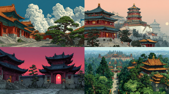 采用动漫插画风格，画面包含故宫博物院、天坛祈年殿、颐和园、八达岭长城，整体色调以朱红、明黄与现代灰为主，兼具历史厚重感与当代活力，细节刻画精致，融合皇家建筑与现代地标特色，展现北京的城市气质，画面构图对称均衡，层次分明。