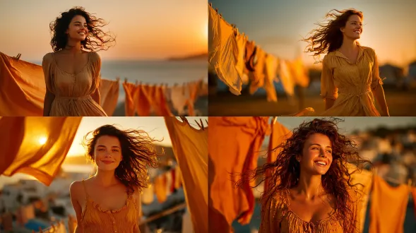 家庭主妇晾衣服，米色太阳裙，发丝飘扬，微笑，夕阳背景，金色光芒，逆光，广角镜头，柔和色调，微风拂动衣物，温暖氛围，动态感，生活气息，宁静愉悦，高饱和度，自然光线，剪影效果，长阴影，柔和阴影，层次丰富