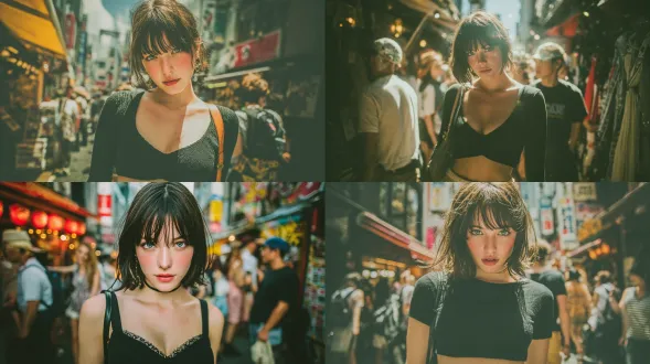 一张抓拍的快照，画面中是一位年轻女性，直发黑发，齐刘海，眼睛大而有神，皮肤白皙。她随意地站在东京繁华的街道上，穿着低胸露脐上衣和高腰短裤。画面边缘有轻微的动态模糊，自然光透过建筑物洒下，拍摄角度隐蔽，仿佛是用智能手机偷拍的效果。