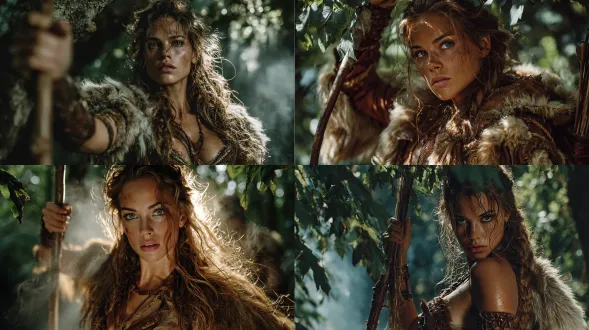 原始世界中的美女，热带雨林背景，野性美，棕色长发，兽皮服饰，手持骨制长矛，警惕眼神，古铜色皮肤，环境雾气缭绕，阳光透过树叶，黄金时段光线，柔焦效果，自然色调，广角镜头，低角度拍摄，动态姿势，原始部落元素，神秘感，力量感。