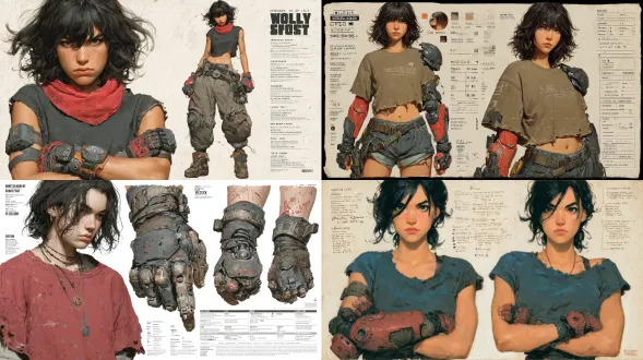 photographic portrait, sci-fi character, female scavenger, black hair, side-swept bangs, ragged t-shirt, muscled arms, cyber-metal gloves, character sheet, white flat background