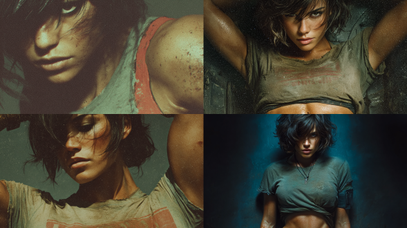 photography, sci-fi female scavenger, black hair, side-swept bangs, ragged t-shirt, muscles, cinematic poster