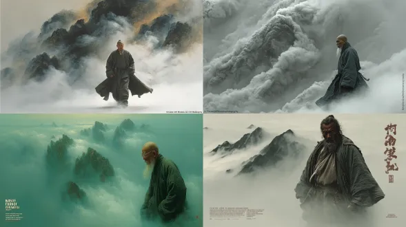 这幅超写实自拍展现张大千立于烟云缭绕的墨色群山之前。身后，其名作《泼彩山水》半融于实景山峰，渐隐入云海。衣袂随山风轻扬。空灵的色调、墨雾交融的写实与抽象、诗意的氛围、兼具传统精髓的电影级写实，共同构成这幅超现实主义杰作。