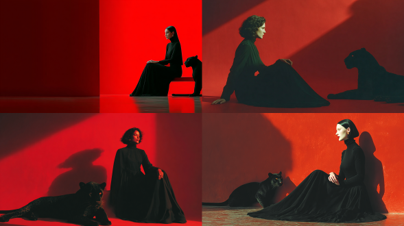 一个穿着黑色衣服、留着光滑黑发的迷人女人的电影剪影，优雅地坐在深红色背景下的豹子旁边。这一幕散发出一种黑暗而神秘的能量。在她身后的墙上，她的影子被投射出来，但不是她的人形，而是一只强大的豹子的影子，象征着她隐藏的力量和野性的精神。灯光戏剧性而简约，突出了抛光地板上的轮廓和倒影。在马丁·安辛和汤姆·福特的风格中，超现实主义、全身构图、社论、优雅、激烈。