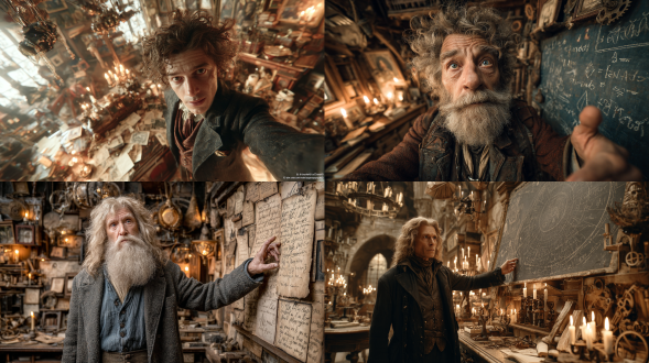 这张超写实的自拍展示了达·芬奇站在他的工作室中，周围环绕着木质发明与手稿。他若有所思地伸手向镜头。背后，一个未完成的《蒙娜丽莎》画布在烛光下照亮。周围漂浮着飞行器与齿轮，融合了文艺复兴与未来科技的气息。电影般暖光，超真实细节，8k渲染。