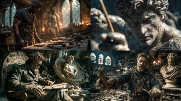 这张超写实自拍展示了米开朗琪罗在他的雕塑工坊，阳光下石粉飞扬。他一手拿着凿子，另一手伸向镜头。背后“正在雕刻中的大卫像”在光影中闪光。明暗对比强烈的电影灯光，超细节质感，8k超真实。