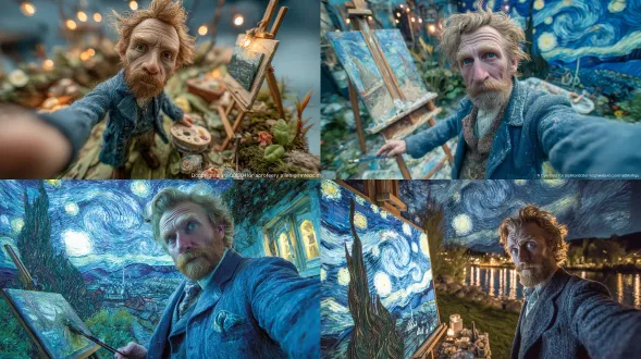 这张超写实的自拍展示了文森特·梵高在河边草坪上绘制《星月夜》的场景。梵高站在离相机一臂远的地方，手臂明显伸向相机，仿佛正拿着手机（尽管看不到手机）。他有着火红凌乱的头发和胡须，穿着一件洁净的蓝色外套。背景中，一个画架上放着正在创作中的《星月夜》画布，周围有植物和散落的岩石。萤火虫也停在植物上。上方，繁星点点的天空闪烁着鲜艳的图案。这张图片捕捉到了自拍那种随意、类似iphone拍摄的构图、电影般的夜景光线以及逼真的皮肤质感。