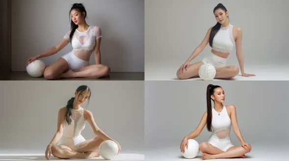 灵感源自排球的亚裔女性优雅肖像——她优雅地坐在地板上，一膝微抬，双手轻搭在身旁的白色排球上，神情柔和，长长的马尾辫垂落肩头。身材纤细匀称、线条流畅，身着白色修身运动上衣与同色系短裤，外层搭配薄纱网眼材质。上方柔和的金色光线在肌肤上轻轻反射，简约灰色工作室背景，4k高清电影感肖像摄影