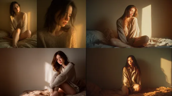 一张高分辨率的半身至全身唯美人像摄影，不同姿势构图真实摄影，模拟胶片质感。 主体是一位年轻女性，长发自然散落，肤色白皙透亮，身穿宽松的米白色针织长袖衫，衣领微微下滑露出肩颈线条，双腿修长，赤足自然交叠，整体造型温柔慵懒。她坐在柔软的床铺上，身体微微倚靠在墙壁，目光低垂，神情若有所思，带有淡淡忧郁感，姿态放松中带有内敛的气息。环境是温暖色调的室内卧室，背景为素净的暖米色墙壁与柔软床铺，床单与枕头凌乱自然，营造出私密而安静的氛围。光线来自床侧低位的暖色调人造光或夕阳余晖，形成局部打光，光束集中照亮肩颈、双腿与床面，制造强烈光影反差；面部与身体部分区域处于柔和阴影中，带来富有氛围感的戏剧性明暗层次。整体色温偏暖，光线柔和包裹，画面带有油画质感。氛围安静、私密、慵懒，带有一丝忧郁与神秘感，整体高级唯美。摄影采用中远景人像镜头，构图注重人物与环境的结合，光圈较大以突出主体并虚化背景，焦点集中在面部与肌肤质感。细节上，肌肤保留真实纹理而不做过度磨皮，锁骨与肩颈线条清晰；针织面料纹理柔软自然；长发在光线下呈现丝滑光泽；床单褶皱与阴影增加层次；画面整体带有轻微颗粒滤镜，增强艺术感与氛围感。