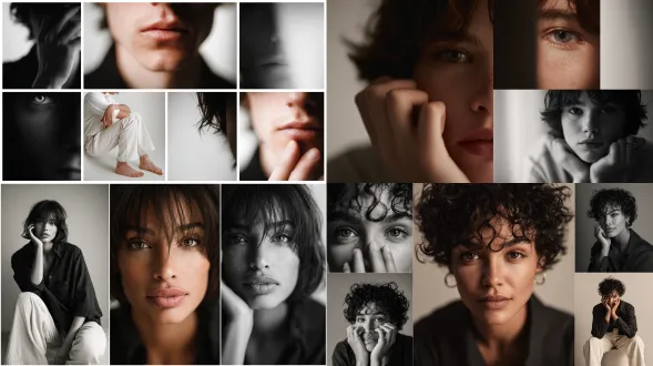 editorial 3x3 photo grid in a clean soft beige studio. character (matches reference 100%) wearing lightweight dark navy shirt, ivory trousers, barefoot for raw simplicity. lighting: large diffused key light directly front-right, silver reflector left, subtle rim from top. shots to include: 1. extreme close-up of lips + cheekbone with blurred hand partially covering (85mm, f/1.8, razor-thin dof); 2. tight crop on eyes looking into lens with reflection of light strip visible (85mm, f/2.0); 3. black & white close portrait resting chin on fist, face filling frame (50mm, f/2.2); 4. over-shoulder shot, blurred foreground fabric curtain framing half face (85mm, f/2.0); 5. very close frontal with hands overlapping face, light streak across eyes (50mm, f/2.5); 6. tight angled portrait showing hair falling into eyes, soft-focus background (85mm, f/2.2); 7. crop of hands touching jawline, eyes cropped out (50mm, f/3.2, detail-focused); 8. half-body seated sideways on low cube, head turned sharply away, blurred foreground (35mm, f/ 4.5); 9. intense close-up of profile with single tear-like water droplet, cinematic light slice across (85mm, f/ 1.9). angles: mostly tight headshots with slight high/low tilts, maintaining variation. capture raw, professional muted grade, smooth tonal contrast, subtle cinematic grain. mood: intimate, introspective, character-led editorial minimalism with delicate use of fabric as prop.