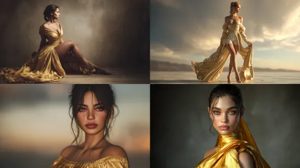 aultra-photorealistic 8k cinematic editorial portraitpreserve the exact facial identity from the uploadedimage, no alteration. dramatic cloudy background withwarm golden rim light. outfit: gold satin off-shouldertop, light-wash ripped jeans, and delicate heels. hairslicked back wet-look. one leg forward, gown-like topflowing slightly. golden rim light and soft fill highlighttextures. no text on image.