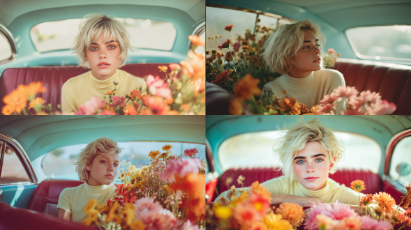 a wistful portrait of a young woman (use refrence fromuploaded image) with short, tousled platinum blondehair, sitting in the back seat of a vintage car with a lightblue interior ceiling and dark red door panels. she iswearing a simple, light yellow turtleneck top and gazessoftly out the window. the car is filled with an abundantcolorful bouquet of wildflowers in shades of orange.yellow, pink, and red, creating a vibrant foreground. theoverall aesthetic is nostalgic and dreamlike,with soft,natural lighting and a slightly faded, film-like quality.vintage photography, ethereal, bohemian, golden hour.