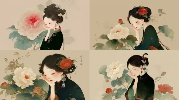 正面视角。一位美丽的中国女孩手持一朵牡丹花，穿着黑色长袖衣服，戴着银色耳环，她闭着眼睛，用手托着并遮住左脸，以突出她面前一朵超大的白色山茶花。背景是浅粉色，采用水彩画风格、油画棒效果，且具有高清的细节。