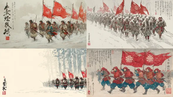 浮世绘风格，上杉士兵在深雪中行军，带有白色“上杉”家纹的红色旗帜，寒风凛冽，水墨画风格与淡雅色彩，富有情感的日本版画风格。