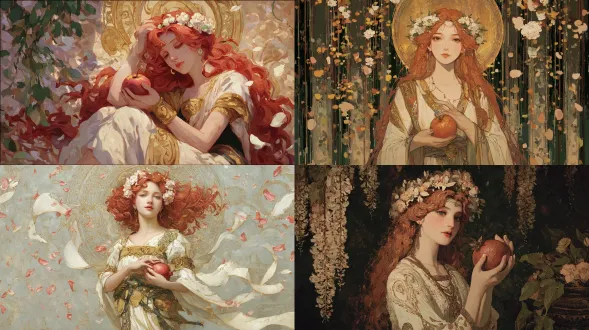 红发女神珀尔塞福涅手持石榴头戴花环，郑晓嵘风格，细腻笔触，古典优雅，柔美曲线，神话氛围，暖色调，金色光晕，背景花园，花瓣飘落，深邃眼神，宁静微笑，飘逸长裙，装饰花纹，油画质感，侧光，柔和阴影，高饱和度，神圣感，浪漫主义。