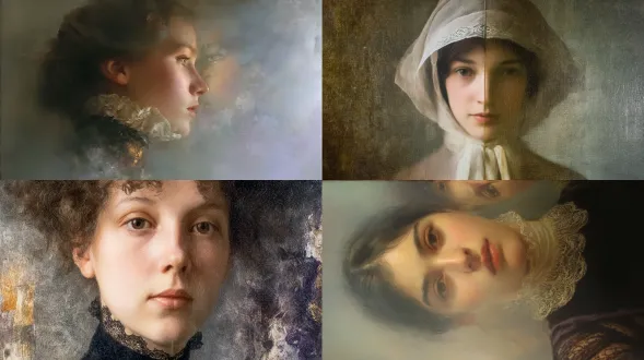 一幅神秘的肖像画，描绘了一位年轻女子在一张巨大的古董扑克牌中凝视自己的倒影，她一半的脸在镜中清晰可见，另一半则渐渐融入淡淡的雾气中；营造出优雅的19世纪氛围，烛光摇曳的房间，充满了寂静与回忆；绸缎和纸张的柔和质感，精致的蕾丝衣领；靛蓝、淡紫、灰白、褪金等柔和的色彩搭配；画面中弥漫着情感上的疏离与克制的忧郁，灵感源自费尔南德·赫诺普夫，采用写实的绘画风格，细节丰富，笔触柔和，带有淡淡的薄雾，营造出空灵而富有象征意义的氛围。