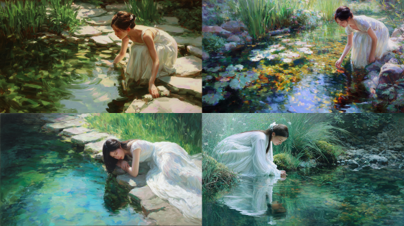 一幅空灵的印象派油画：一位宁静的中国年轻女子身着飘逸的白色褶边连衣裙，温柔地俯身于一片清澈平静的池塘之上。她的脸庞在池塘波光粼粼的水面上投下柔和的倒影。池塘四周环绕着布满青苔的天然鹅卵石和柔软翠绿的草地。整个场景沐浴在柔和如梦的光晕中，鲜明的虹彩边缘光更添几分怀旧且近乎复古未来主义的光泽，让人不禁想起八九十年代的艺术美学。这幅作品的构图彰显出和谐与自然之美。