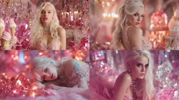 一位美艳英国女性化身 “珠宝棒冰” 代言人，铂金色长发，身着镶嵌水晶的粉色礼服，周身环绕发光粉宝石。背景为梦幻水晶宫殿，光线空灵，色调柔和淡雅，高定时尚大片风格，散发魔幻奢华气场。采用电影级布光，质感细节丰富。