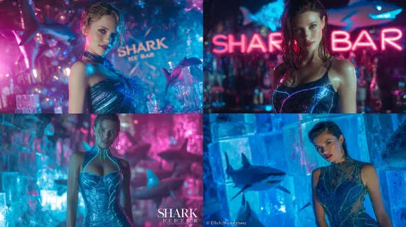 一位惊艳乌克兰女性化身 “鲨鱼棒冰” 代言人，身着紧身金属蓝连衣裙，衣身带有类似鲨鱼鳍的发光霓虹线条，呈现湿发造型。站立于海洋科幻风背景前，背景包含鲨鱼与发光冰块，有冷调蓝与品红色光线反射。电影级布光，夜景拍摄，画面超写实，散发神秘强大气场。