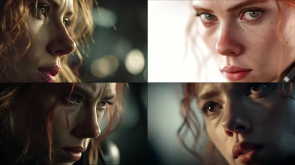 黑寡妇三分法特写，神情细腻，电影景深，粗线条轮廓，干净白色背景，柔和色调