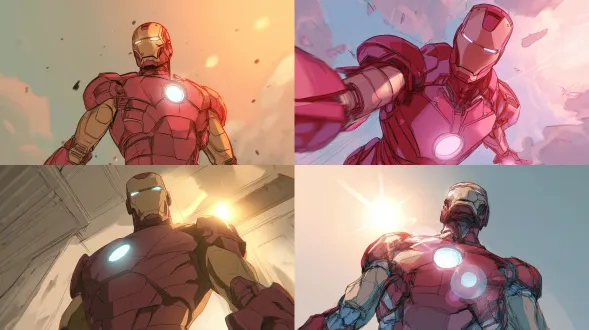 钢铁侠仰视构图，低角度视角，动态透视，胸口方舟反应炉发光，电影光影，手绘漫画风格，粗线条，干净背景，柔和色调