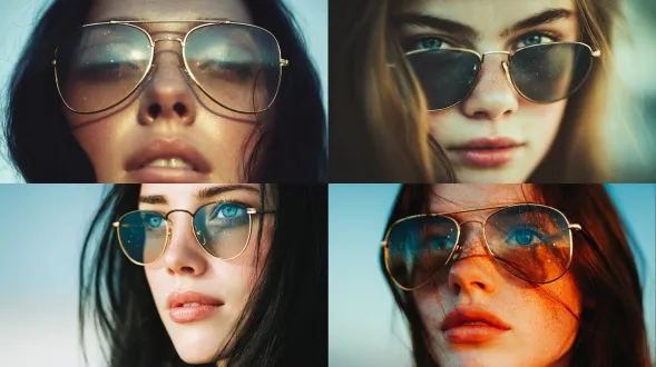 一个戴着金边太阳镜的梦幻女孩的特写肖像（黑色长发，海蓝色眼睛）。太阳镜反射（星空），在镜头中生动清晰。她的皮肤泛着柔和的电影光，优雅干净，杂志封面质量，超高细节，白色或柔和的背景