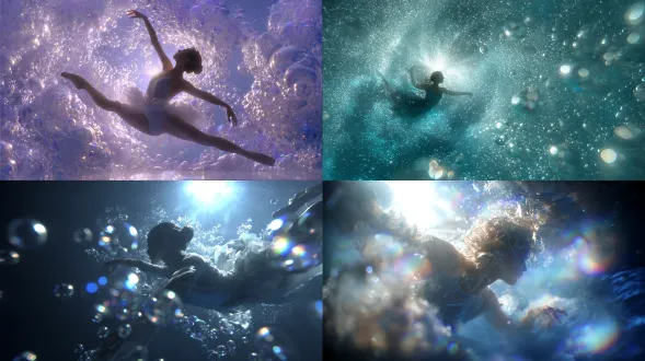 年轻女性舞者悬浮在虹彩泡沫与水汽的漩涡中，身体呈慢动作弓形舒展，电影感逆光透过气泡勾勒出光晕，超精细写实反光质感，柔和的蓝白色调，如梦似幻的失重优雅，杂志级超现实主义风格。