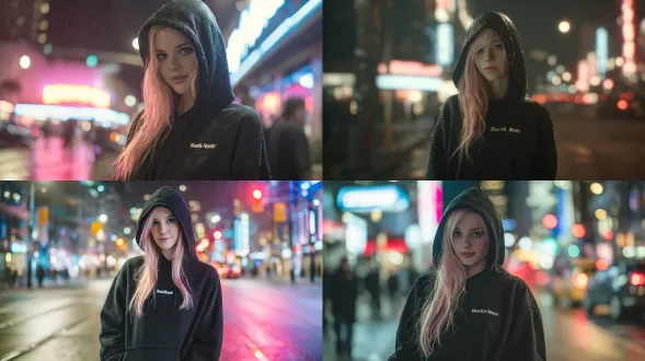 写实电影感镜头，一位拥有浅粉色长发的绝美年轻女子，伫立在雨夜霓虹闪烁的城市街头。她身着高品质黑色连帽卫衣，胸前绣有低调的《死亡笔记》标志，发丝与卫衣表面的水珠晶莹闪烁。她直视镜头，笑容神秘而自信。电影级打光，霓虹招牌（粉蓝双色）投射出强烈戏剧化阴影，浅景深处理让背景交通信号灯形成朦胧光斑；采用 arri alexa 摄影机拍摄，8k 分辨率呈现皮肤毛孔等极致细节，带有胶片颗粒质感，写实度拉满。