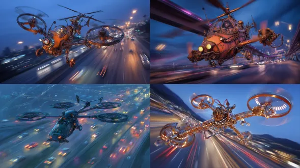 奇幻旋翼机飞越现代高速公路，蒸汽朋克机械细节，铜管齿轮外露，螺旋桨高速旋转，明亮霓虹灯点缀，车流中穿梭，驾驶员戴护目镜咧嘴笑，动态对角线构图，电影级光影，深蓝黄昏天空，暖色调与冷金属对比，广角镜头，运动模糊，高速快门，喜剧感，活力四射