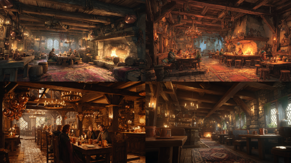 "舒适的中世纪酒馆内部，木质家具，温暖火光，壁炉，d&d玩家围坐，详细动漫风格，奇幻艺术，8k高清，柔和的烛光，深色调，皮革装备，魔法卷轴，大酒杯，欢笑表情，冒险氛围，复古地毯，铜制装饰，木梁天花板，柔焦背景，温暖的橙色色调，细腻的纹理，角色互动，生动的眼神交流。"