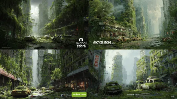 被绿色植物吞噬的末世巨城，高楼尽被藤蔓苔藓覆盖，古老车辆被根须包裹，柔雾与散光交织，绿灰协调色调，逼真写实的数字绘画风格，带“michal k.store”标志。