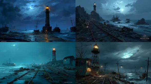 海边废墟中一座仍亮着微光的远方灯塔，周围布满锈轨与破船，月光下海浪反射冷光，孤寂与希望对比，细节丰富的后启示录海景图，带“michal k.store”标志。