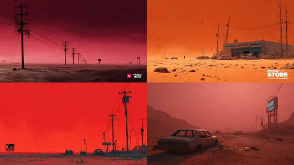 红色尘土覆盖的荒原，深红天空下断裂电缆横贯天际，废弃车壳在热浪中闪光，光影氛围感强，构图极简又悲凉，电影级末日调性，带“michal k.store”标志。