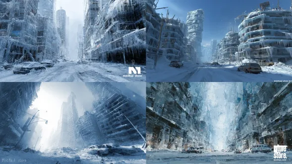 冻结的末世城市景象，建筑被冰层包裹，碎裂窗户反射寒光，寂静的车辆埋入积雪，冷色青白调，光影强对比，照片级细节，带“michal k.store”标志。