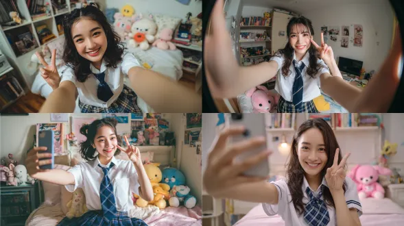 一个可爱的亚洲女孩在自拍，她穿着经典的水手风格jk制服，包括白色衬衫、藏青色领带和格子百褶裙。她有着略带波浪的长发和清新自然的妆容，对着手机镜头露出灿烂开心的笑容，另一只手比出可爱的v字手势。构图模仿了智能手机前置摄像头的视角，带有轻微的鱼眼镜头效果。背景是她舒适的卧室，散落着书籍和可爱的毛绒玩具，营造出逼真的氛围。光线是柔和的室内自然光。色彩明亮清新。照片风格模拟了智能手机自拍，带有轻微的皮肤磨皮和美颜滤镜效果。