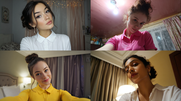 平面视角，看着镜头，网红美女自拍照，盘发，纯欲风，穿搭polo衫，葫芦形s身材，网红氛围光，看着镜头，普通房间，背景为纯色窗帘，日常快照风格，非精心构图，非专业打光