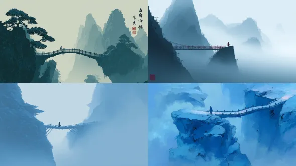 以中国传统山水画风格呈现，高角度视角，一座桥连接两侧峭壁，笼罩于云雾之中，一位道者缓步而行，留白与青蓝色调交融，极简风格，象征精神的跨越与诗意的宁静，超现实优雅。