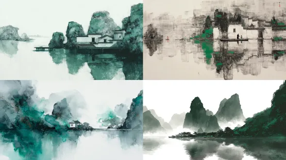 以中国传统山水画风格呈现，湖面如镜，倒映漂浮的崖壁与简约建筑，墨迹弥散形成纹理，纯白留白增添空间深度，翡翠绿点缀其中，梦幻沉思的气息，象征幻象与真实的映照。