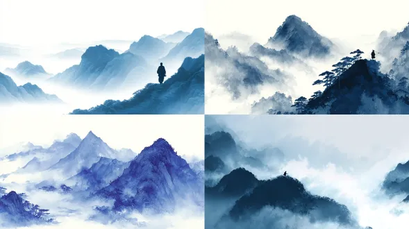 以中国传统山水画风格呈现，柔和的墨色渐层将山与云相融，一个诗人正在攀登山峰，雾气像记忆般散去，白色背景，青蓝色调柔和，象征时间的流逝与自省，梦幻静谧的构图。
