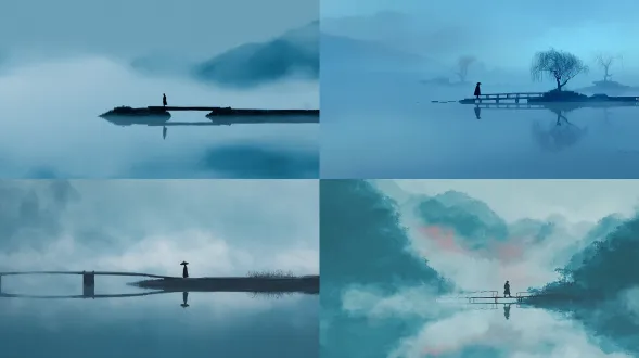 以中国传统山水画风格呈现，宁静的湖面延伸入雾气之中，一座小桥上独行旅人，倒影在雾中朦胧，冷青色调，柔墨将天空与水面融为一体，象征离别与重逢，超现实的静寂，极简留白。