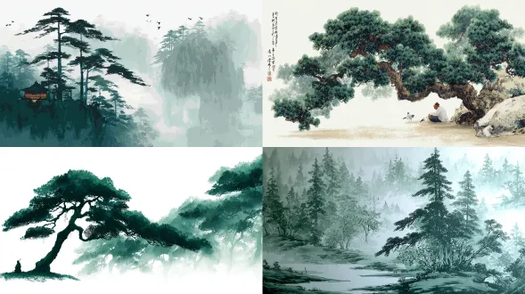 以中国传统山水画风格呈现，用优雅的笔线描绘苍松，光影穿过薄雾洒下，一个隐士静坐松下冥想，大片留白象征永恒的寂静，绿灰色单色调，极简且富哲思，俯视构图