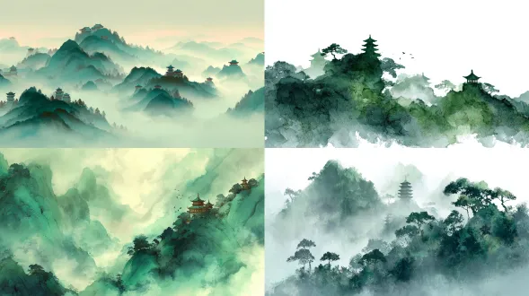 以中国传统山水画风格呈现，梦幻风审美，山峦在雾气中渐融，古塔漂浮于云间，青绿色调柔和淡雅，墨韵晕化细腻，象征超脱尘世的精神跳跃，简约构图，高角度视角