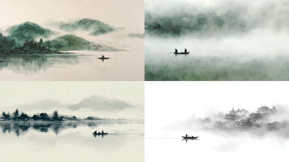 以中国传统山水画风格呈现，写意风格，细雨烟雾笼罩湖面，一叶孤舟缓缓漂流，远处村落若隐若现，柔和墨色与留白交融，略带青色的单色调，象征回忆的漂浮与安宁，鸟瞰视角。